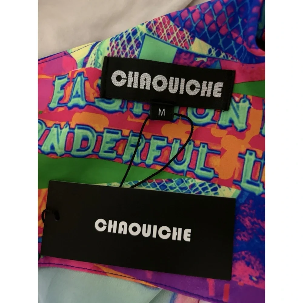 CHAOUICHE Women's Medium Neon Abstract One Shoulder Asymmetrical Dress NWT" - Picture 3 of 3